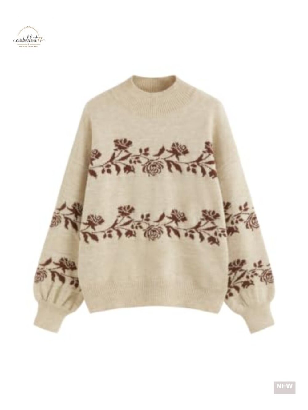 Oversized Floral Jacquard Pullover Sweater Mock Neck Long Sleeve